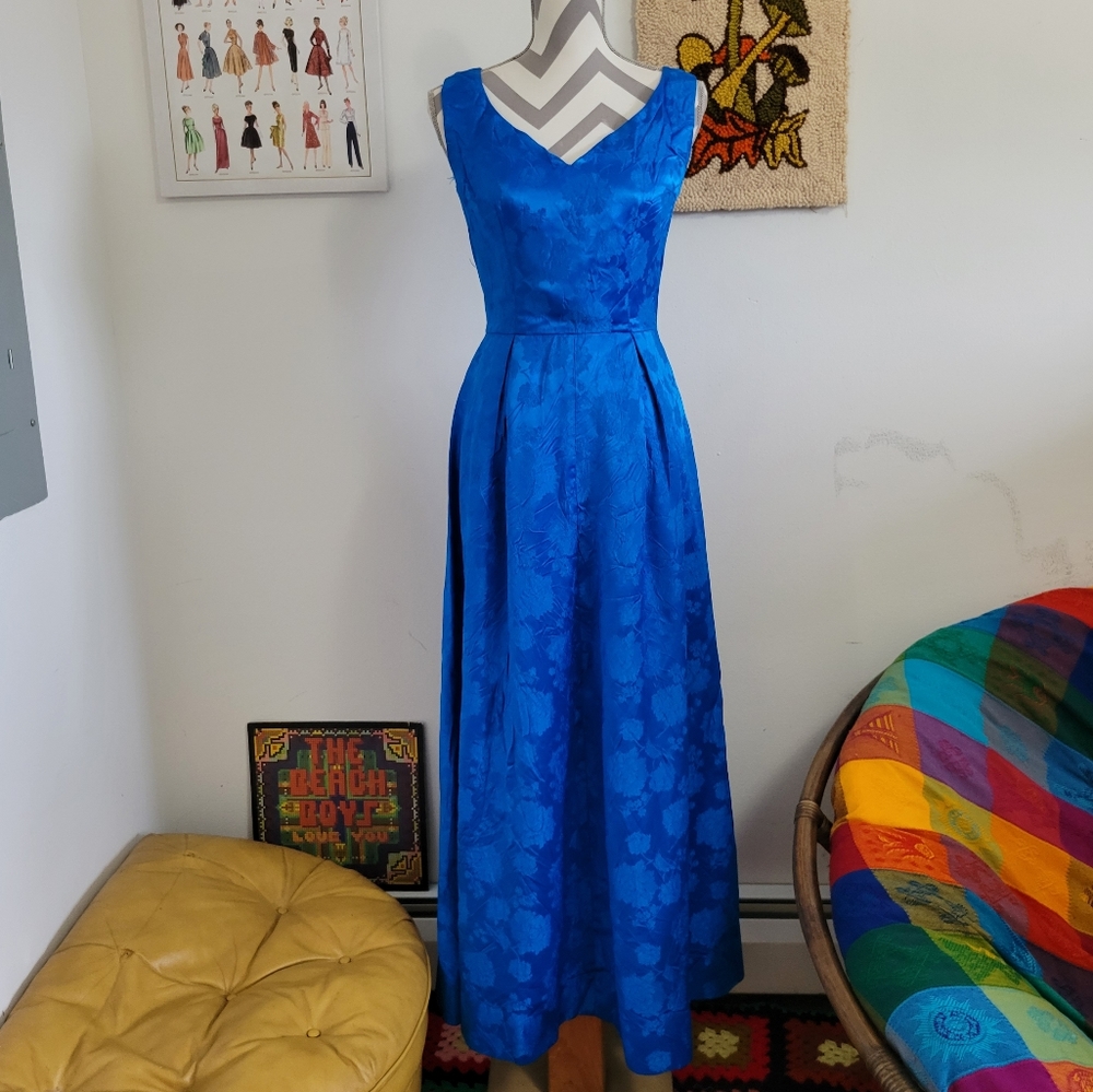 Vintage Blue Floral Satin Formal Dress